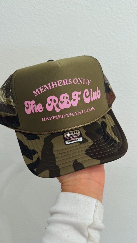 rbf club trucker hat Unhinged Trucker Hat Ideas, Vinyl Trucker Hats, Women’s Trucker Hats, Trucker Hat Designs Ideas, Trucker Cap Outfit, Cricut Hat Ideas, Funny Trucker Hats For Women, Cute Trucker Hats, Trucker Hats With Patches