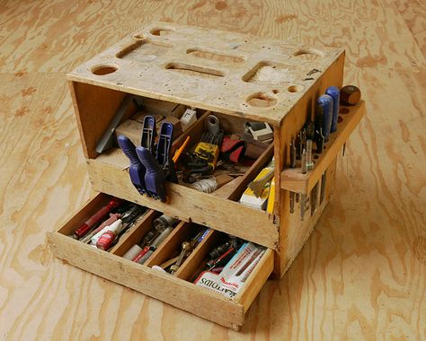 Custom Tool Tote | THISisCarpentry Workbench Tool Box, Dewalt Storage, Festool Systainer, Workbench Ideas, Intarsia Wood Patterns, Tool Caddy, Tool Chests, Parts Storage, Wooden Tool Boxes