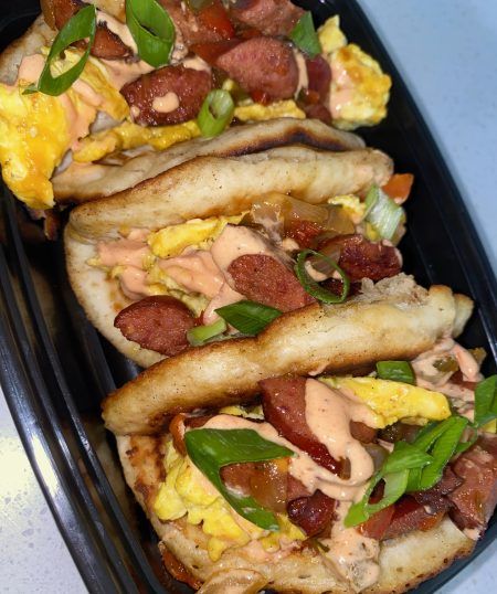 Cajun Breakfast Pancake Tacos - Tony Chachere's Breakfast Pancake Tacos, Cajun Breakfast, Grilled Stuffed Chicken, Pancake Tacos, Seafood Pot, Breakfast Tacos Recipe, Cream Sauce For Chicken, Cajun Sausage, Beef Kabobs