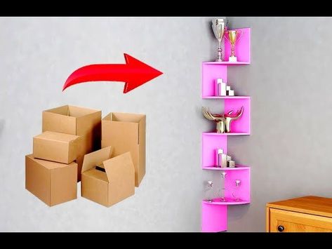 Simple DIY Corner Shelf For Toys - Art & Craft Ideas #reciclaje Room Decor Organization, Diy Corner Shelf, Cardboard Decor, Cardboard Storage, Decor Organization, Cardboard Crafts Diy, Toy Shelves, Room Deco, Diy Cardboard Furniture