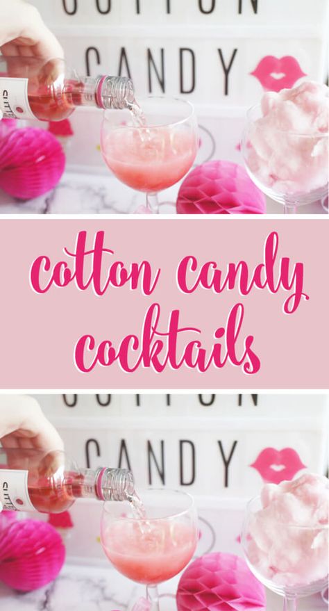 Cotton Candy Cocktail will sweeten up your next girls night out! www.ourmessytable.com Pink Cotton Candy Drink, Drinks With Cotton Candy On Top, Cotton Candy Alcoholic Drink, Fun Cocktails Girl Night, Ladies Night Ideas, Adult Sleepover, Cotton Candy Drinks, Adult Slumber Party, Cotton Candy Cocktail