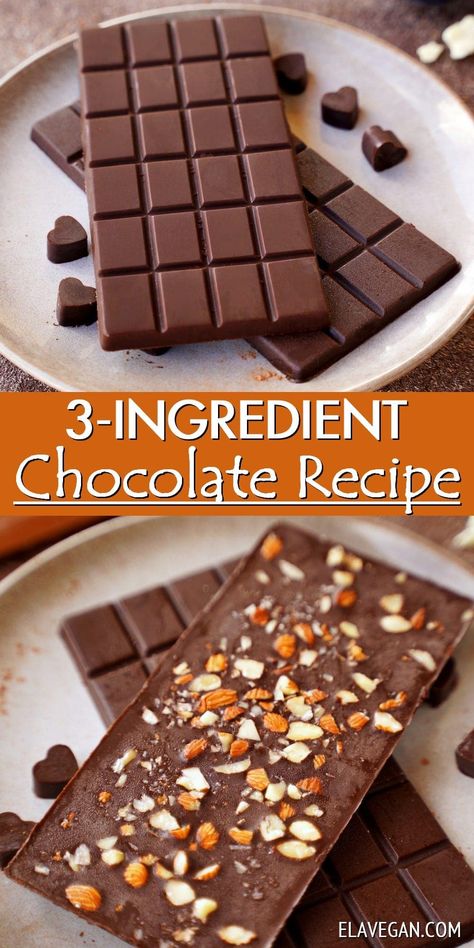 How to make chocolate in just 10 minutes: This homemade chocolate requires just 3 base ingredients, is simple to prepare, and super easy to customize. You can make your own vegan milk chocolate, dark chocolate, flavor it, or top it. Healthy Milk Chocolate, Homemade Dark Chocolate Bars, Vegan Chocolate Candy Recipes, How To Make Vegan Chocolate, Diy Vegan Chocolate, Hersheys Special Dark Cocoa Recipes, Diy Chocolate Recipe, Diy Dark Chocolate, How To Make Your Own Chocolate