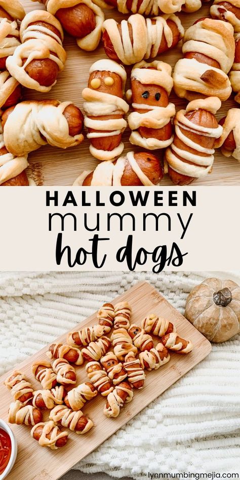 Halloween Mummy Hot Dogs - Easy and Cute Halloween Snack or Appetizer Idea! Halloween Appetizer Ideas, Halloween Mummy Hot Dogs, Halloween Recipes For Kids, Savory Halloween Food, Halloween Dip, Mummy Hot Dogs, Halloween Appetizers Easy, Easy Halloween Snacks, Halloween Food Appetizers