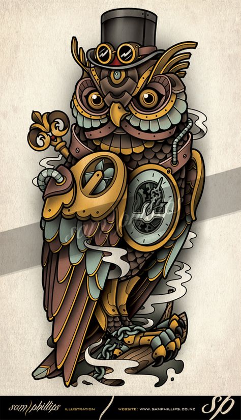 Steampunk Owl Tattoo, Traditional Owl Tattoos, Biomech Tattoo, Owl Tattoo Drawings, Tato Tradisional, Steampunk Owl, Steampunk Tattoo, Tier Tattoo, Steampunk Animals