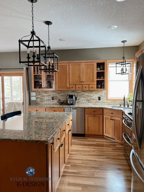 Kitchen Cabinets Grey Walls, Kylie M Interiors, Greige Kitchen, Grey Kitchen Walls, Hickory Cabinets, Maple Kitchen Cabinets, Maple Kitchen, Staining Cabinets, Oak Kitchen Cabinets