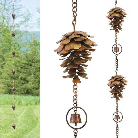 PRICES MAY VARY. RELIABLE MATERIA - Each pine cone rain bell is mainly made of metal materials reliable durable not easy to break safe to use and can be used as a home decoration for a long time, as well as adds gentle sound to the setting. SIZE - Pinecone rain chain is 44 inches in length, consisting of 5 of bells and 5 of cones, made of copper plating, very durable. DECORATE YOUR OUTDOOR SPACE - When the sun comes out, the downspout rain chain will display beautiful garden art on gazebos, arbo Rain Bells Chains, Rain Chains Without Gutters, Decorate Pine Cones, Rain Chain Ideas, Rain Catcher, Copper Rain Chains, Copper Plating, Rain Chain, Camp Ideas