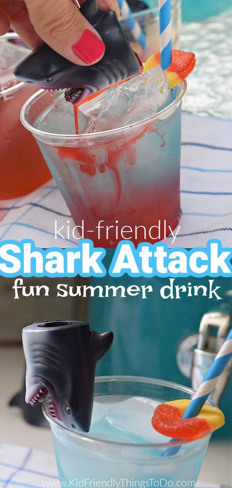 shark attack drink Shark Brownies, Shark Punch For Kids, Shark Week Snacks For Kids, Shark Week Drinks For Kids, Shark Inspired Food, Shark Drinks For Kids, Shark Themed Birthday Party Food, Shark Snacks For Kids, Shark Week Party Food Ideas