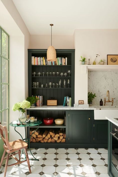 This Shaker Kitchen by deVOL Kitchens Is A Dream. Those green cabinets are beautiful!-designaddictmom Top Kitchen Cabinets, Devol Kitchens, Basement Kitchen, Green Kitchen Cabinets, Casa Country, Green Cabinets, Kitchen Farmhouse, Shaker Kitchen, Tile Flooring