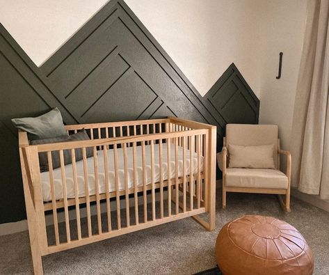 Green baby boy mountain nursery, mountain nursery inspo Pine Green Nursery, Mountain And Bear Nursery, Wood Trim Accent Wall Mountains, Mountain Accent Wall Diy, Mountain Room Theme, Nursery Accent Wall Mountains, Mountain Range Nursery, Woodland Nursery Accent Wall, Montana Themed Nursery