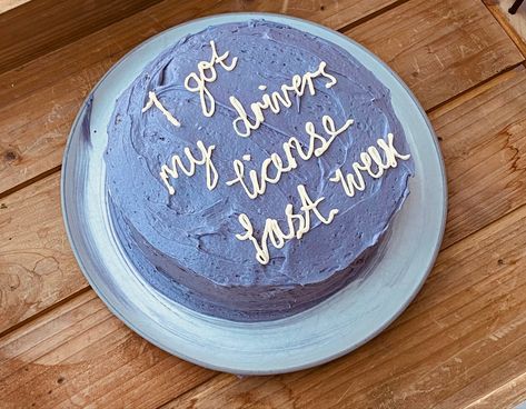 purple cake, written with white icing ‘I got my drivers license last week’ minimalistic, pastel License Cake Ideas, Olivia Rodrigo Cake Ideas, Driver License Cake, Driving License Cake, Olivia Rodrigo Birthday Cake, Olivia Rodrigo Cake, Birthdays Themes, Minimalistic Cake, Minimal Cake