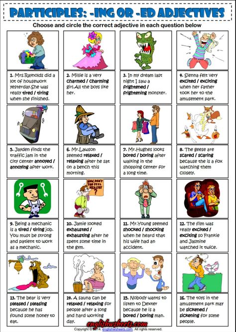 Participles -Ing Or -Ed Adjectives ESL Exercise Worksheet Ed Ing Adjectives Worksheets, Participles Worksheet, Adjectives Esl, Adjectives Grammar, Adjectives Worksheet, Adjectives Activities, Reading Response Journals, Cvc Words Kindergarten, English Adjectives