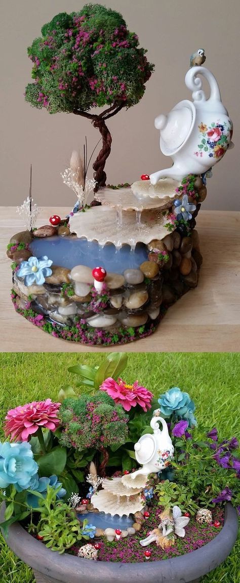 Fairy Garden Design Ideas, Fairy Garden Plants, Diy Water Fountain, Jardim Diy, Gubahan Bunga, Diy Fountain, Garden Waterfall, Fairy Garden Crafts, Fairy Garden Designs