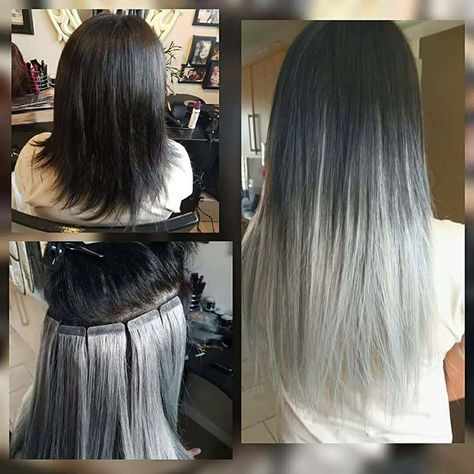 Platinum Extensions On Dark Hair, Grey Extensions On Black Hair, Gray Hair Extensions, Grey Hair Extensions, Black And Grey Hair, Hair Ext, Hair Extension Care, I Like Your Hair, Undercut Long Hair