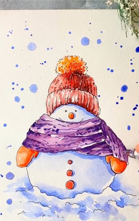 Happy New Year Painting, Watercolor Snowmen, New Year Painting, Hand Painted Christmas Cards, Watercolor Christmas Cards Diy, Christmas Greeting Cards Handmade, Painted Christmas Cards, Holiday Canvas, Christmas Canvas Art