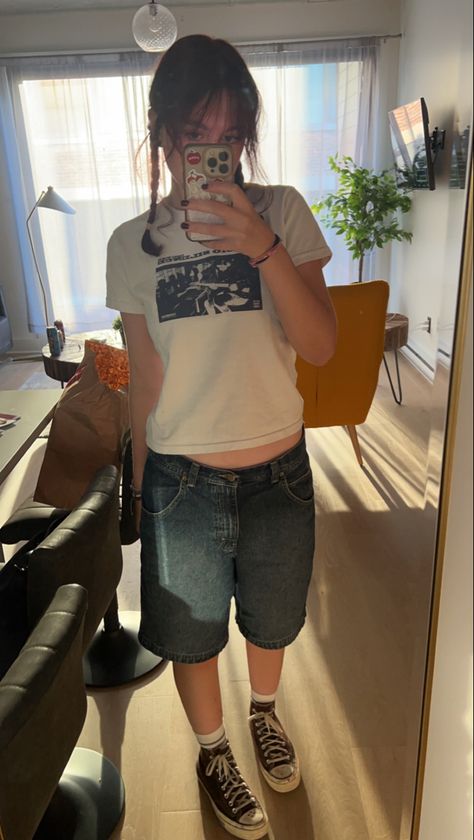 shirt frum pacsun and jorts thrifted #fashion #ootd #jorts #outfits #outfitideas Jorts With Converse High, Thrifted Skater Outfits, Jorts With Crop Top, Styling Jorts Summer, Jorts Styled Girl, Jorts Girls Aesthetic, Jorts Girls Y2k, Outfits With Jorts Baggy, Summer Outfits T Shirt