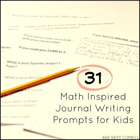 31 math inspired journal writing prompts for kids with free printable from And Next Comes L Math Writing Prompts, Math Journal Prompts, Homeschool Writing, Math Notebook, Math Journal, Elementary Learning, Math Writing, Writing Prompts For Kids, Picture Writing Prompts