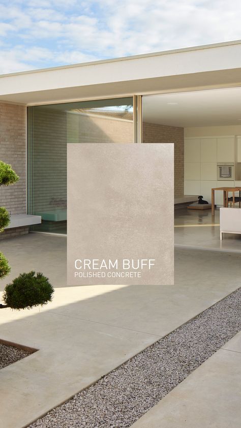 One of our most inviting Polished Concrete floor colours, Cream Buff allows you to create a genuinely relaxing atmosphere and helps to brighten up pretty much any space, especially if there’s lots of natural light available. / #architecture #interiordesign #homeideas Large Concrete Tile Floor, Beige Concrete Flooring, Off White Concrete Floors, Concrete Exterior Floor, Concrete Colours Outdoor, Salon Concrete Floor, Best Way To Clean Concrete Floors, Greige Concrete Floors, Sand Color Concrete Floor