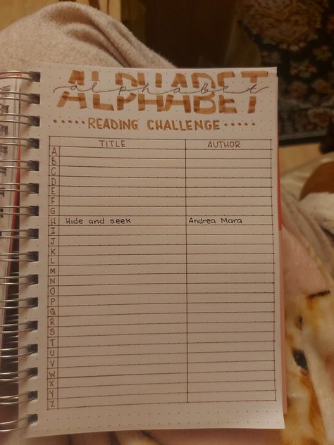 Abc Challenge Book Journal, Book Journal Alphabet Challenge, Book Notebook Journals, Reading Journal Tracker Ideas, Book Journal Tracker, Alphabet Challenge Reading Journal, Rachel Catherine Reading Journal, Bullet Journal Ideas Books, Reading Journal Ideas Layout 2024