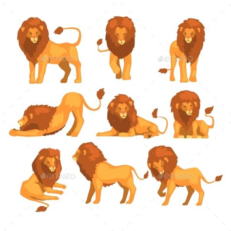 Proud powerful lion character in different actions set of cartoon vector Illustrations isolated on a white background. Lion Cartoon Drawing, Lion Character, Lion Sketch, Lion Artwork, Lion Illustration, Lion Drawing, Animal Illustration Art, Animal Doodles, Le Roi Lion