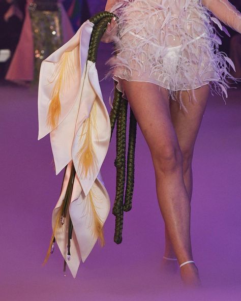 LOOK 3 @veronikavilim wears romper in white silk chiffon, hand-embroidered with ostrich, marabou and coque feathers, with sequin and… | Instagram Dollar Signs, Calla Lily Bouquet, Lily Bouquet, White Lilies, Ostrich Feathers, Avocado Green, White Silk, Calla Lily, Silk Chiffon