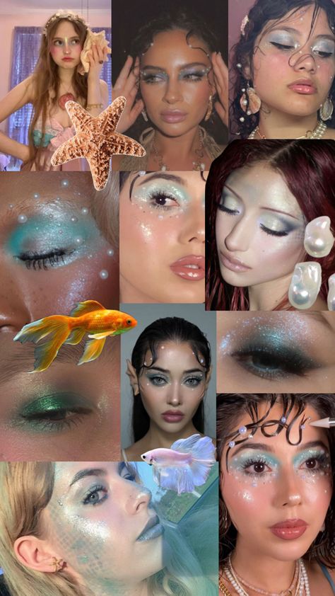 Mermaid makeup looks Realistic Mermaid Costume, Mermaid For Halloween, Flounder Makeup The Little Mermaid, Ariel The Little Mermaid Makeup, Mermaid Costume Women Aesthetic, Sea Themed Makeup, Women Mermaid Costume, Mermaid Drag Makeup, Mermaid Siren Outfit