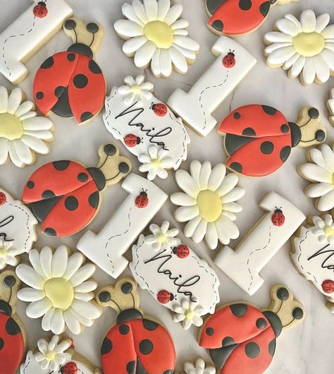 Ladybug Decorated Cookies, Love Bug First Birthday, Ladybug Desserts, Ladybug Sugar Cookies, Ladybug Birthday Cupcakes, Ladybug First Birthday Party, Ladybug Theme Party, Ladybug Baby Shower Theme, Ladybug Birthday Decorations