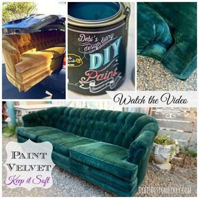 Painting Fabric Furniture, Chalk Paint Makeover, Paint Upholstery, Velvet Painting, Painting Fabric, Fabric Furniture, Painted Drawers, Velvet Couch, Hemma Diy