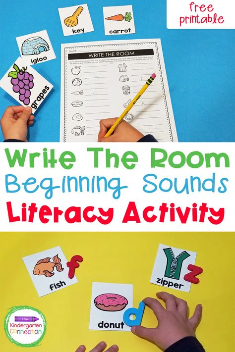 FREE Write the Room Beginning Sounds Activity for Kindergarten Write The Room Kindergarten Freebie, Kindergarten Write The Room, Fall Write The Room, Kinder Literacy Centers, Kindergarten Reading Centers, Pre-k Writing, Small Group Reading Activities, Writing Center Kindergarten, Read The Room