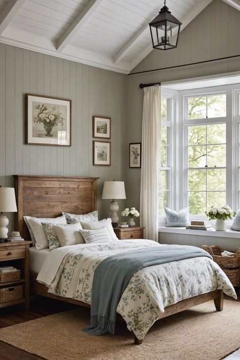 Country Cottage Master Bed, Warm Home Aesthetic Bedroom, Bedroom Light Furniture, Cottage Master Bedrooms Decor Cozy, Bedroom Decor Cozy Relaxing, Cottage Master Bedrooms Decor, Modern Cottage Interior Bedrooms, Light Bedroom Ideas, Craftsman Bedroom