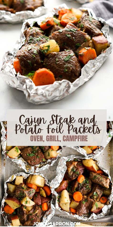 Steak Potatoes And Carrots, Steak Foil Packets, Oven Steak, Cajun Steak, Joyous Apron, Foil Packet Potatoes, Foil Pack Dinners, Foil Packet Dinners, Steak Potatoes