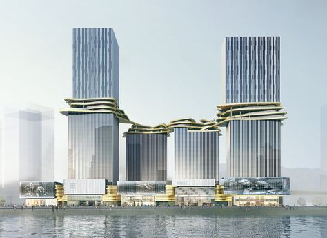 Creating a loop in the sky which symbolises integration, connection and communication, Hengqin CRCC Plaza features a signature sky bridge that links all four towers within the development and offers office, retail and leisure facilities as well as outdoor terraces. The four towers include a... Sky Bridge, Mixed Use Development, Architectural Rendering, Mix Use Building, Zhuhai, Tall Buildings, Skyscraper Architecture, Tower Design, Bridge Design