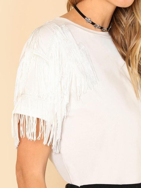 One Side Fringe Embellished T-shirt | SHEIN Side Fringe, Women T Shirts, Buy Now Pay Later, Cool Names, Cash On Delivery, Summer 2023, One Sided, Saudi Arabia, Buy Now