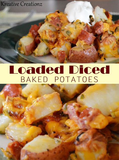 Loaded Diced Baked Potatoes are great to serve as tasty meal or side dish for your family. - The Kreative Life Loaded Baked Potato Salad Red Potatoes, Deconstructed Baked Potato, Loaded Diced Potatoes, Diced Baked Potatoes In The Oven, Side Dish For Brats, Simply Potatoes Recipes Diced, Diced Potato Recipes, Potato Board, Potatoes Loaded