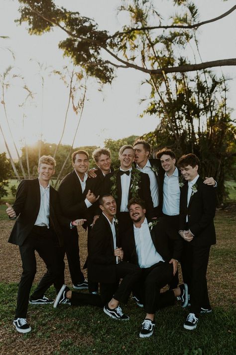 Maile Lei, Wedding Vans, Groom And Groomsmen Suits, Wedding Entourage, Bridal Parties Pictures, Funny Wedding Photos, Handsome Groom, Wedding Picture Poses, Wedding Groomsmen