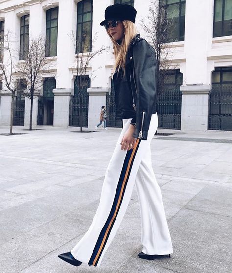 Street Style Blogger’s Instagram post: “✌️ @sofiahamela wearing Zara Trousers ( 2313/878 )” Adidas Street Style, Street Magazine, Striped Wide Leg Trousers, Pajama Style, Zara Trousers, Blogger Street Style, Zara Jumpsuit, Athletic Style, Zara White