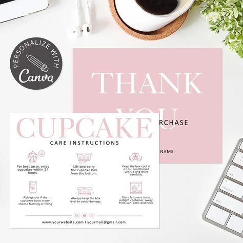 Small Business Cupcake Care Card Editable Canva Template Bakery Care Instructions With Thank You Card I Cupcake Instructions Card - Etsy Italy Small Bakery, Cupcake Boxes, Bakery Logo, Home Bakery, Airtight Containers, Social Icons, Lift And Carry, Care Card, Baking Tips