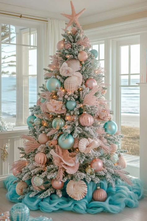 Mermaid Coast Pink Christmas Tree Whimsical Pink Christmas Tree, Pink Blue And Silver Christmas Tree, Pink Red And Blue Christmas Tree, Christmas Decor Ideas Pink And Blue, Blush And Blue Christmas Tree, Mermaid Christmas Tree Ideas, Pink Decorations Christmas Tree, Pink And Sage Christmas Tree, Colored Christmas Tree Ideas