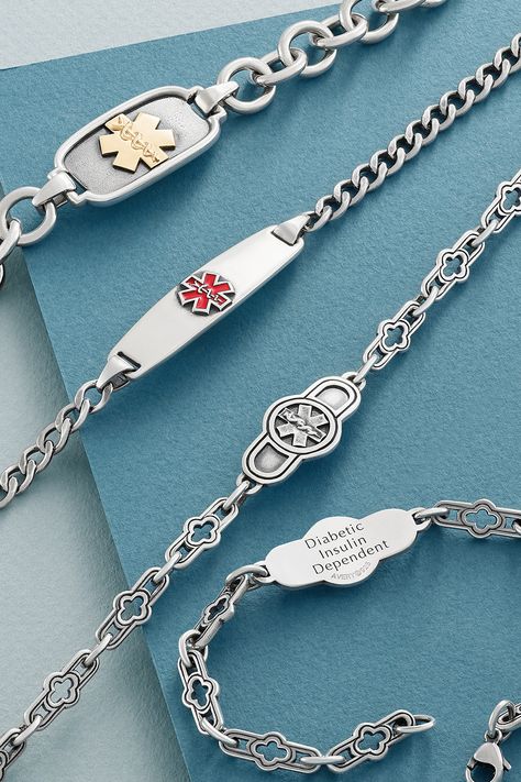 We have three styles of medical alert bracelets to notify paramedics of an allergy or condition. Engrave the back to personalize with your information. #MedicalAlertBracelet #MedicalAlert #MedicalID #JamesAvery Medical Alert Tattoo, Medical Alert Symbol, Medical Alert Jewelry, Engravable Jewelry, Medical Id Bracelets, Medic Alert Bracelets, James Avery Jewelry, Medical Bracelet, Jewelry Styles