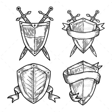 Sketch Set of isolated medieval shields with ribbons and swords. Protection emblem with weapon and ancient knight defence tool. Safety logo or empty heraldic banner. Guarantee and guard, safety theme Knight Shield Tattoo, Shield Tattoo Women, Medieval Sketches, Shield Sketch, Shield Tattoo Design, Medieval Sketch, Medieval Tattoo Ideas, Medieval Logo, Safety Logo