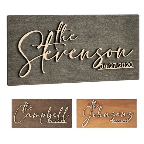 PRICES MAY VARY. Customizable Elegance: Add a personal touch to your home decor with our 3D wooden sign, featuring your family's last name and a significant date of your choice. Perfect for commemorating special occasions such as weddings, engagements, or housewarmings. A Palette of Choices: Choose from three sophisticated colors to match your style: classic black, rich walnut, or warm chestnut. Each hue is designed to complement your living space and create a welcoming atmosphere. Size to Fit Y Last Name Wood Sign, Established Family Signs, Couple Presents, Laser Engraved Gifts, Custom Wooden Signs, Family Name Sign, Last Name Signs, Family Name Signs, Gift For Couples