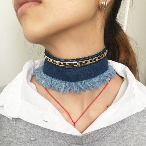 Denim Choker, Unique Jeans, Diy Fabric Jewellery, Boho Denim, Denim Jewelry, Denim Crafts, Denim Diy, Handmade Fashion Jewelry, Textile Jewelry