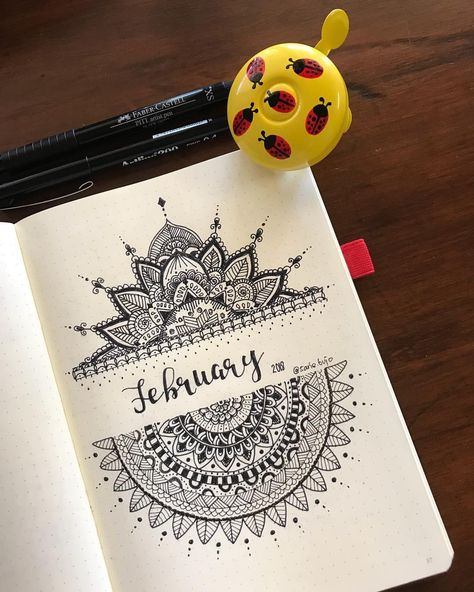 207 Likes, 8 Comments - @sarie.bujo on Instagram: “February 2018 cover #mandala #mandalaart #mandalahalf #bujolove #bujosetup #bulletjournalers…” Mandala Book, Doddle Art, Easy Mandala Drawing, Mandala Doodle, Buch Design, Mandala Art Therapy, Doodle Art Journals, Design Mandala, Simple Mandala