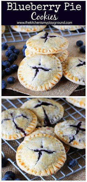 Blueberry Pie Cookies ~ Stuffed full of homemade fresh blueberry pie filling, these cookies are just like eating an adorable mini blueberry pie. No fork required! #blueberrypie #cookies #blueberries #blueberrycookies  www.thekitchenismyplayground.com Mini Blueberry Pies, Fresh Blueberry Pie, Cookies Stuffed, Blueberry Cookies, Blueberry Pie Filling, Pie Cookies, Dessert Dips, Cookies N Cream Cookies, Blueberry Pie