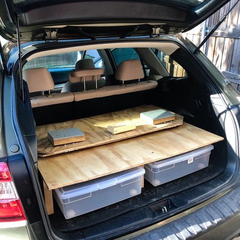 Car Camping Build Out, Car Camping Platform, Car Camping Build, Subaru Outback Camping Conversion, Car Camping List, Small Car Camper, Subaru Outback Mods, Subaru Outback Camper, Camping List Packing Checklist