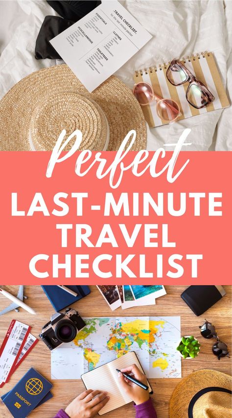 Use this last-minute travel checklist to turn pre-trip chaos into calm. This travel packing guide will help you remember everything from passports to phone chargers. With this packing checklist, you can leave knowing you’ve packed and taken care of all the essentials. | packing guide travel | packing checklist for vacation | packing checklist template | last minute packing tips | last minute packing checklist | last minute packing list | last minute packing items |  packing for travel Checklist For Trip, Last Minute Packing List, Pre Vacation Checklist, 3 Day Vacation Packing List, Packing Checklist For Vacation, Checklist For Vacation, Luggage Packing List, Packing Checklist Template, Vacation Packing Checklist