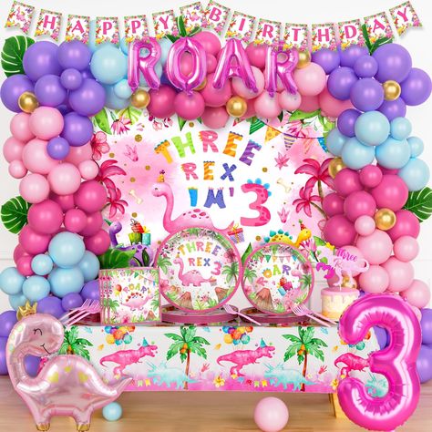 PRICES MAY VARY. 🦖 ENJOY THE FANTASTIC DINOSAUR WONDERLAND – Your little girl is turning three! A cute dinosaur-themed party is one of the best ways to celebrate the third birthday. This vibrant set is designed to create an incomparable celebration and throw you and your guests into an amazing mood. Welcome to the pink dinosaur wonderland. 🎀 THREE REX BIRTHDAY DECORATIONS INCLUDES - 100 x 12’’ latex balloons | 45 x 5’’ latex balloons | 6 x leaves | 1 x ‘ROAR’ foil balloons | 1 x number ‘3’ foi Three Birthday Theme Girl, Dinosaur Third Birthday Party, Three Rex Birthday Party Girl, Dinosaur Third Birthday, 3rd Birthday Decorations, Party Decorations Backdrop, Three Rex Birthday, Third Birthday Girl, Turning Three