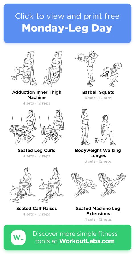 Monday-Leg Day – click to view and print this illustrated exercise plan created with #WorkoutLabsFit Womens Leg Day Workout Gym, Gym Workout Plan For Women Leg Day, Leg Day Excersises, Monday Leg Day Workout, Planet Fitness Leg Day Workout, Leg Day Women, Gym Leg Day, Workoutlabs Fit, Legs Exercise