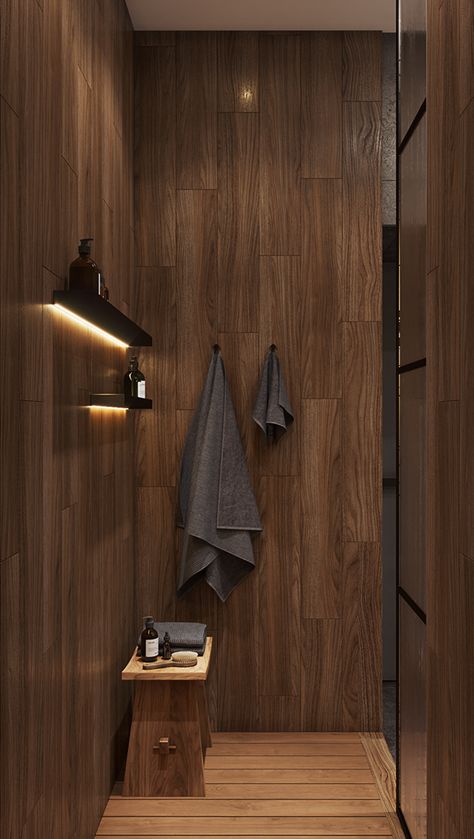 Tsytadelna Bathroom | CGI :: Behance Master Washroom Design, Brown Wood Bathroom, Master Washroom, Taupe Bathroom, Moody Bathroom, Dark Wood Bathroom, Bathroom Interior Design Modern, Dark Bathrooms, Decoration Bathroom