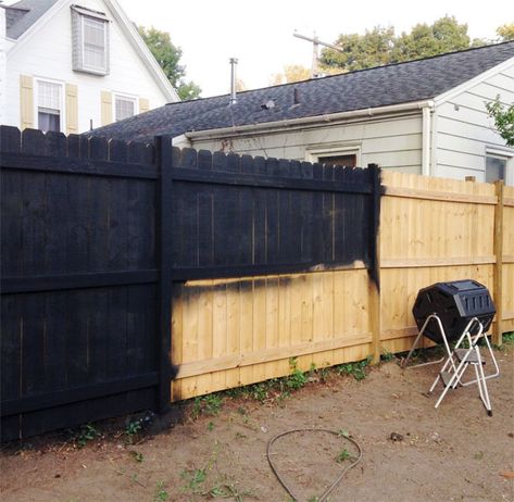 Manhattan Nest talks about staining his fence black Black Backyard Fence Ideas, Black Stained Fence Backyards, Stain Fence Black, Black Fence Panels, Stained Black Fence, Painting Fence Black, Black Wooden Privacy Fence, Black Wood Privacy Fence, Black Wood Fence Backyards