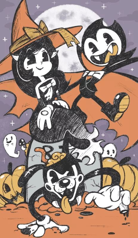 Bendy Alice And Boris, Alice Angel X Bendy, Bendy And The Ink Machine Fanart, Alice Angel Fanart, Bendy And Alice Angel, Halloween Fanart, Bendy Y Boris, Gameboy Color, Alice Angel